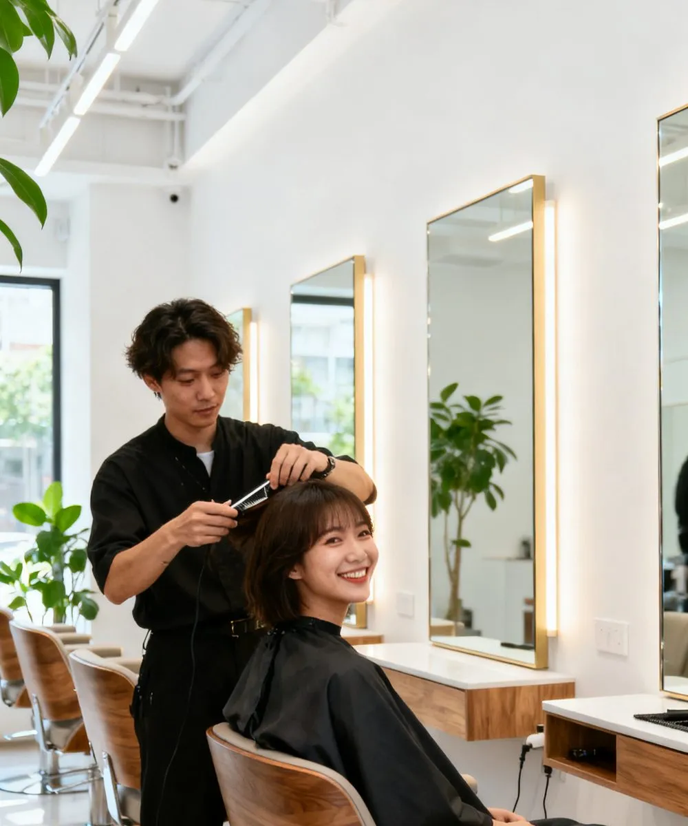 明亮現代的 Salon 內，髮型師正在為客人造型